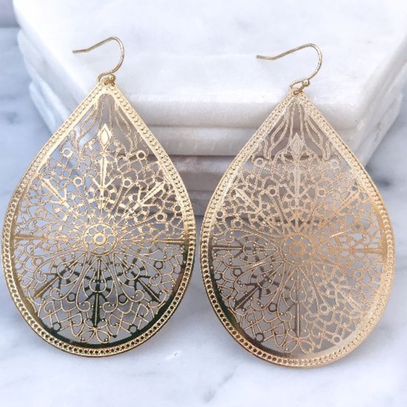 Gold teardrop filigree French wire earrings - Picture 2 of 3